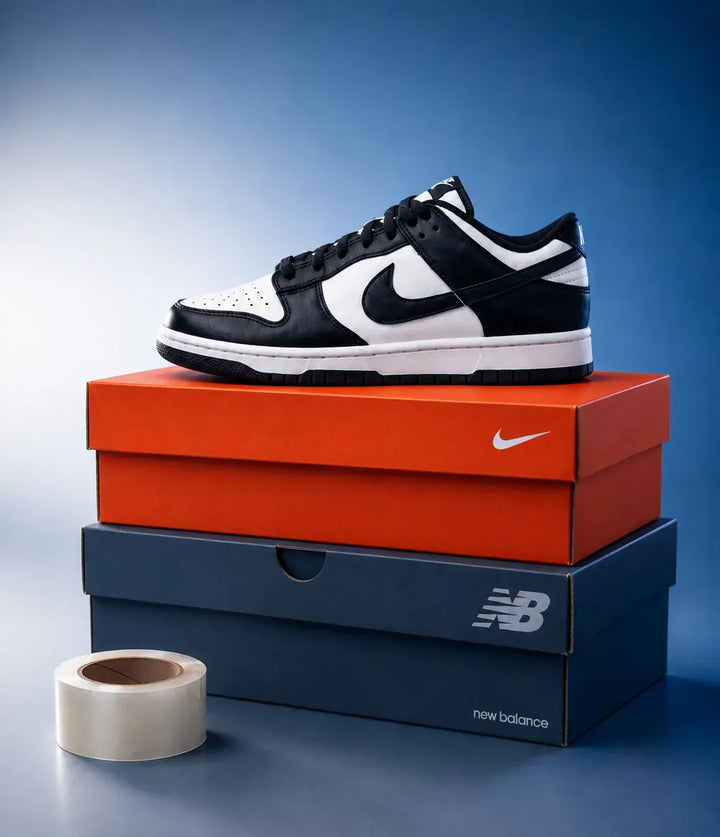 Sneaker displayed on stacked shoe boxes